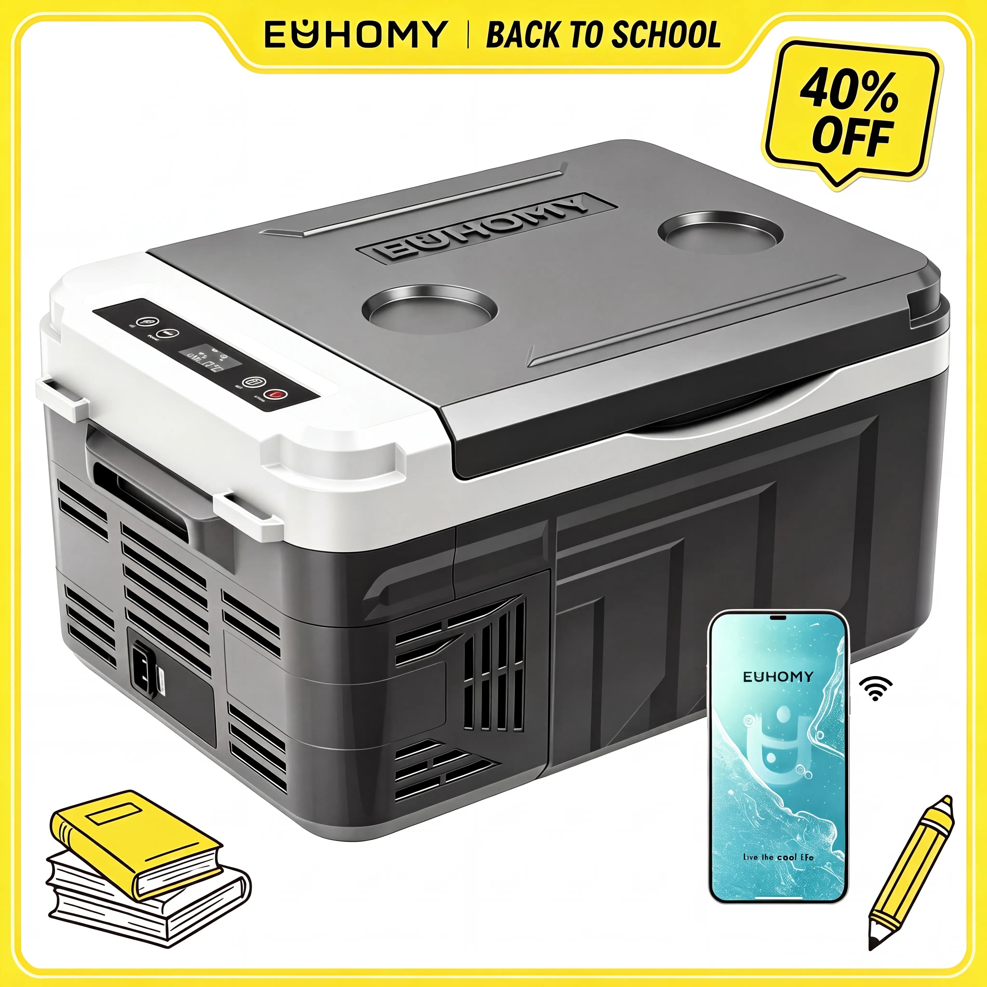 【Back To School】Euhomy 12-Volt 11 Quart Electric Cooler (Car Refrigerator) -  Bluetooth Enabled, Portable RV & Car Freezer