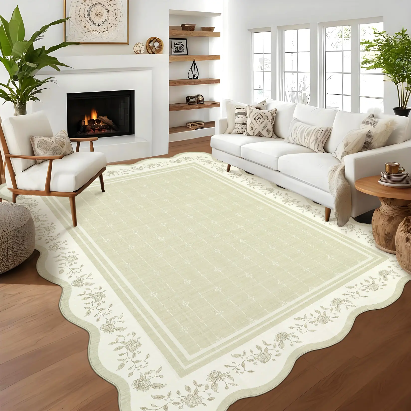 Washable Scalloped Rugs for Living Room, Soft Non Slip Area Rug for Nursery Girls Bedroom, Bordered Indoor Modern Floor Rug Large Stain Resistant Under Table Carpet for Dining Room Office