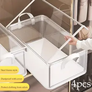 4 Large Transparent PVC Storage Boxes with Lids, Foldable Dustproof Organizers, Folding Storage Bin, Collapsible Storage Box, Ideal for Clothes & Trousers, Home & Dormitory Use