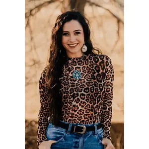 Sterling Kreek Women's Hear Me Roar Leopard Mesh Long Sleeve Blouse - Spandex-Polyester Fabric, Thin, Comfy, Cute Casual Fit Sheer Tube Top Shirts