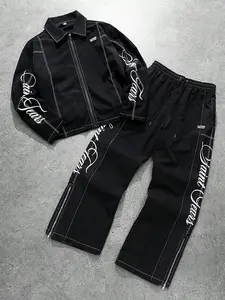Men's Y2K Grunge Streetwear Two-Piece Sweatsuit Matching Set - Oversized Contrast Stitching Zip-Up Jacket & Wide Leg Tracksuit Pants with Cursive Graphics - Trendy Cyber Goth Baggy Outfit for Night Out & Skate Style Sweatsuit Sets
