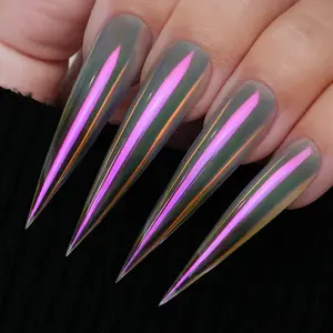 YOKEFELLOW GleamTap Cushion Aurora Chrome Nail Powder GT122 Aurora Kiss/Green Blue Iridescent with Fuchsia Sheen -Mermaid Aurora Effect ,Nail Art Glitter Decoration for Home DIY Salon Manicure