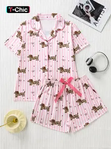 Women's Lady Leopard Print Pyjama Set, Soft Breathable Fabric, Casual Fitted Short Sleeve Top and Shorts, All Seasons Sleepwear, Loungewear, Pajamas