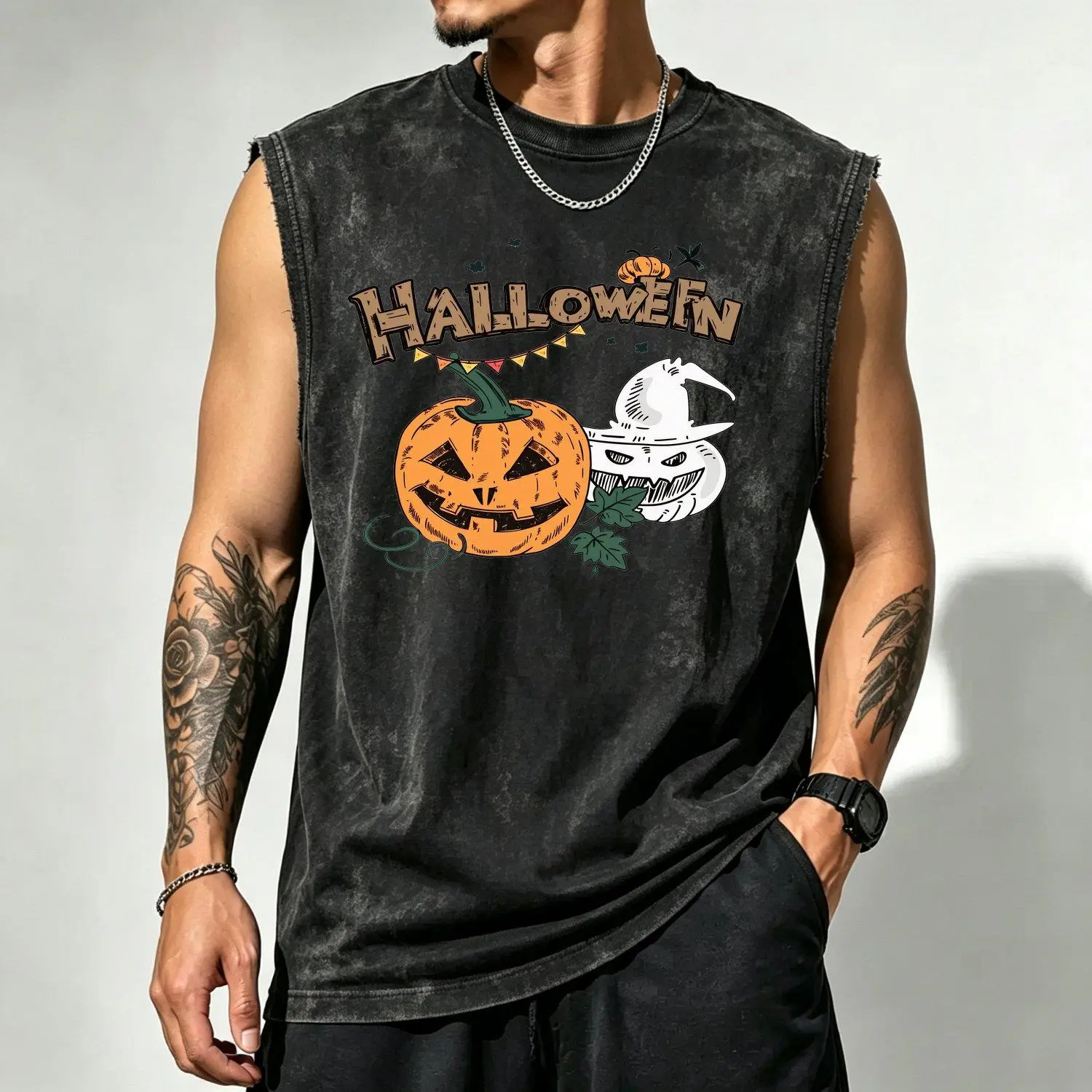 Halloween Graphic Sleeveless Vest Pumpkin & Ghosts Print Waist Vest Lightweight Washed Top for Costume Parties Streetwear Machine Washable Loose Fit Casual Outfit Halloween Clothes Festive Clothing