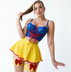 Blue And Yellow Color-Blocked Princess Style Lace Bow Tie Short Top, Short Skirt, Sexy Underwear Set