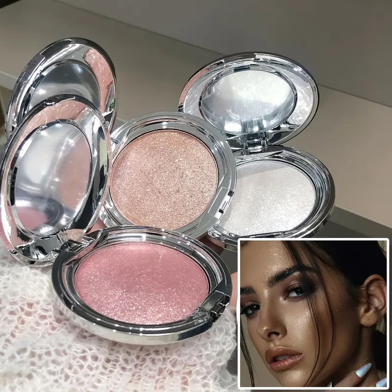 HERORANGE 3-Piece Alcohol-Free Highlighter Contour Cosmetic Set - Rose Gold Round Powder Box, Diamond Flash Pearlescent Brightening, Long-Lasting Non-Smudged Pigment Cream, Dewy Korean Makeup for Normal Skin Adults, Easy Blending