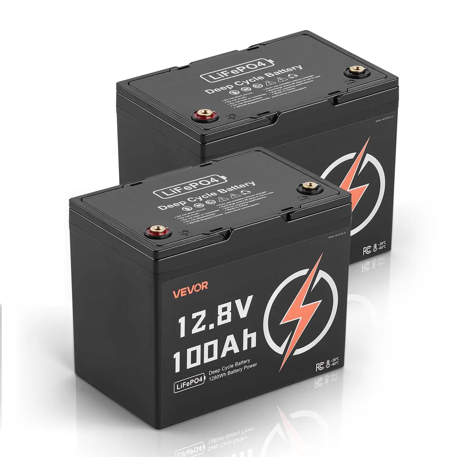 【Summerfinds】VEVOR 2-Pack 12V 100Ah LiFePO4 Deep Cycle Batteries, 100ah Capacity, ABS Shell, Portable Handle, T14 Terminals, Built-in BMS, Low Temp Protection, 15000 Cycles, 10-Year Lifetime, for Solar Off-Grid Storage, Two Packs