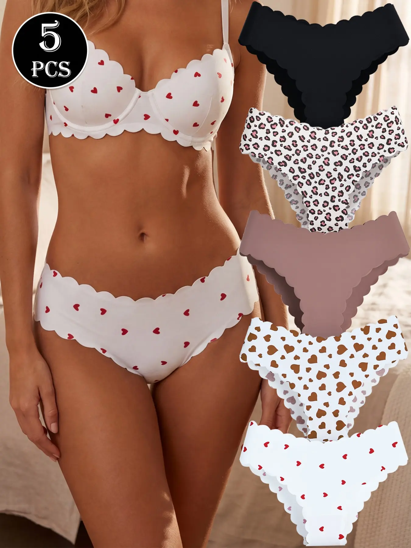 Women's Seamless Design Animal Print Bikini Underwear Set, Soft Comfort Soft Material Low Waist Low Rise Fit, Multi-Color Prints (leopard, Heart) Variety Of Patterns, Breathable Skin-Friendly Fabric Wave Edge Detail
