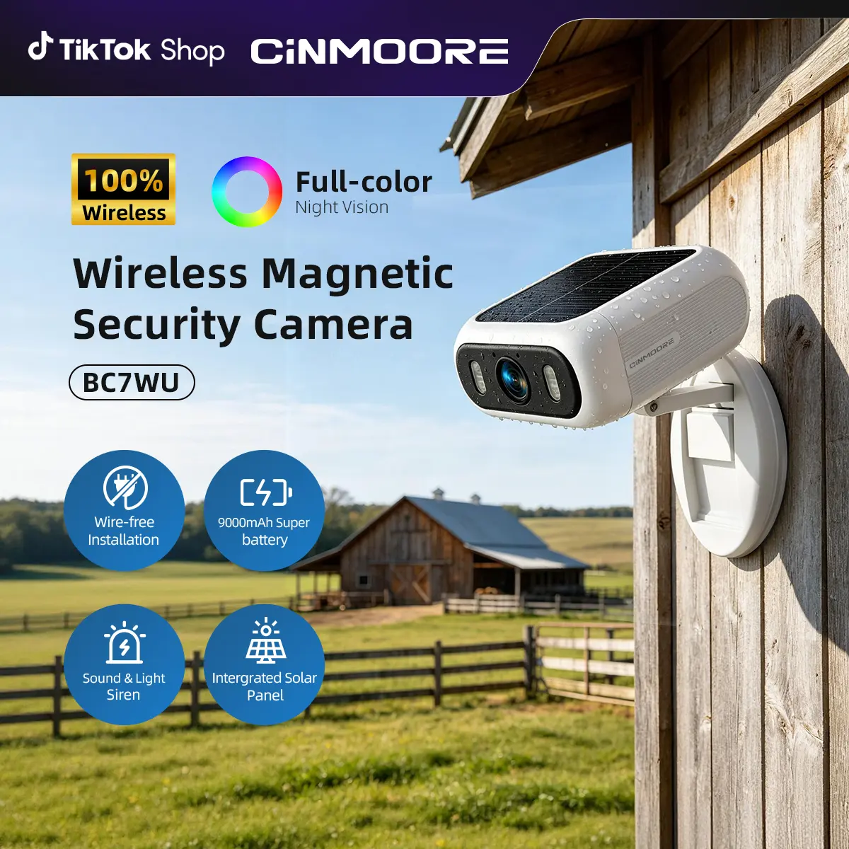 CINMOORE Smart Security Camera with Built-in Solar Power, Non-Subscription AI Human/Vehicle/Animal Detection, 9000mAh Battery, Wireless Magnetic WiFi Camera for Home Security, 24/7 Recording, Weatherproof, Smart App Control, Outdoor Camera
