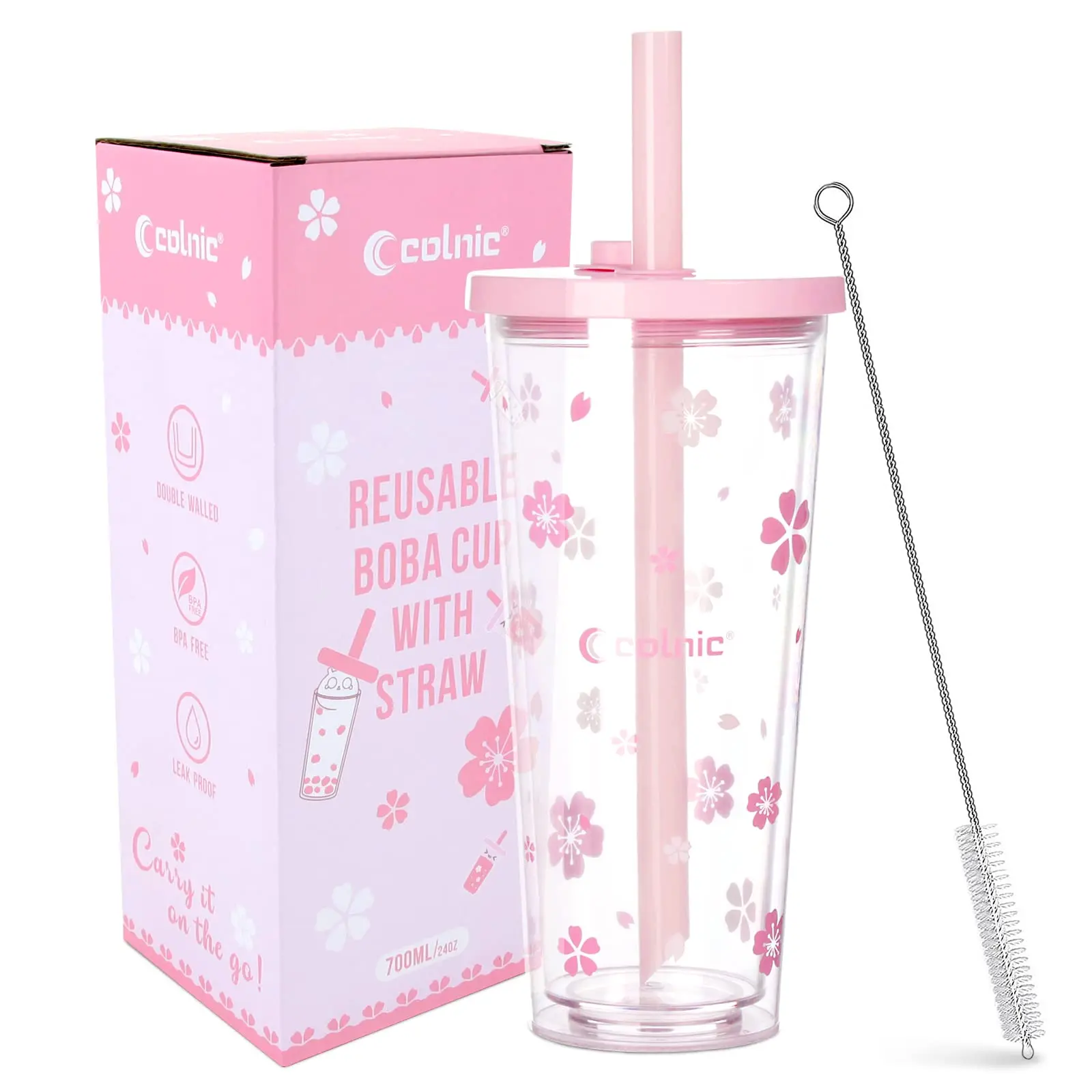 Reusable Plastic Boba Cup With Lids And Straws, 24Oz/700ml Smoothie Cups, Iced Coffee Cup, Leakproof Kawaii Cup, Boba Tumbler With Boba Reusable Straw,Double Wall Clear Bubble Tea Cup