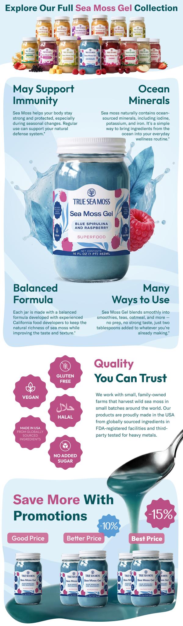 True Sea Moss Gel 2-Jar Bundle: Blue Spirulina-Raspberry & Strawberry – Rich in Essential Minerals & Vitamins – supports overall vitality