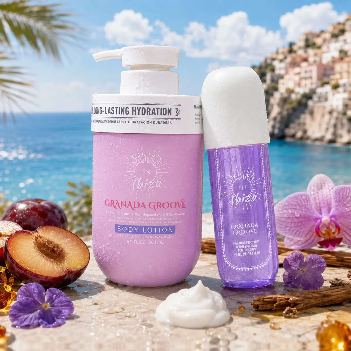 SOLO EN IBIZA Granada Groove Body Care Duo, Fragrance Mist (6.1 oz) & Smoothing Lotion (16.9 oz) / Body Wash (16.9 oz), Woody Floral Warm Fruit & Orchid Earthy Scent Self Care Set