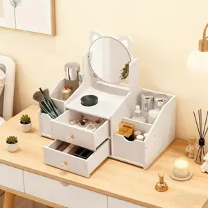 360° Rotating Cat-Ear Makeup Mirror with LED Lights & Jewelry Organizer|2-in-1 Vanity Set with Drawers for Cosmetics Storage|Portable Desktop Dressing Table for Women's Bedroom Decor|#VanityGoals#BathroomOrganization#TikTokMadeMeBuyIt.