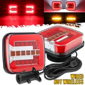 Partsam Square LED Magnetic Towing Tail Light Trailer Light Kit Universal Stop Turn Signal Running Light Red+Clear Lens w/ 7-Pin Plug Extension Wire for Trucks Trailers 12-24V