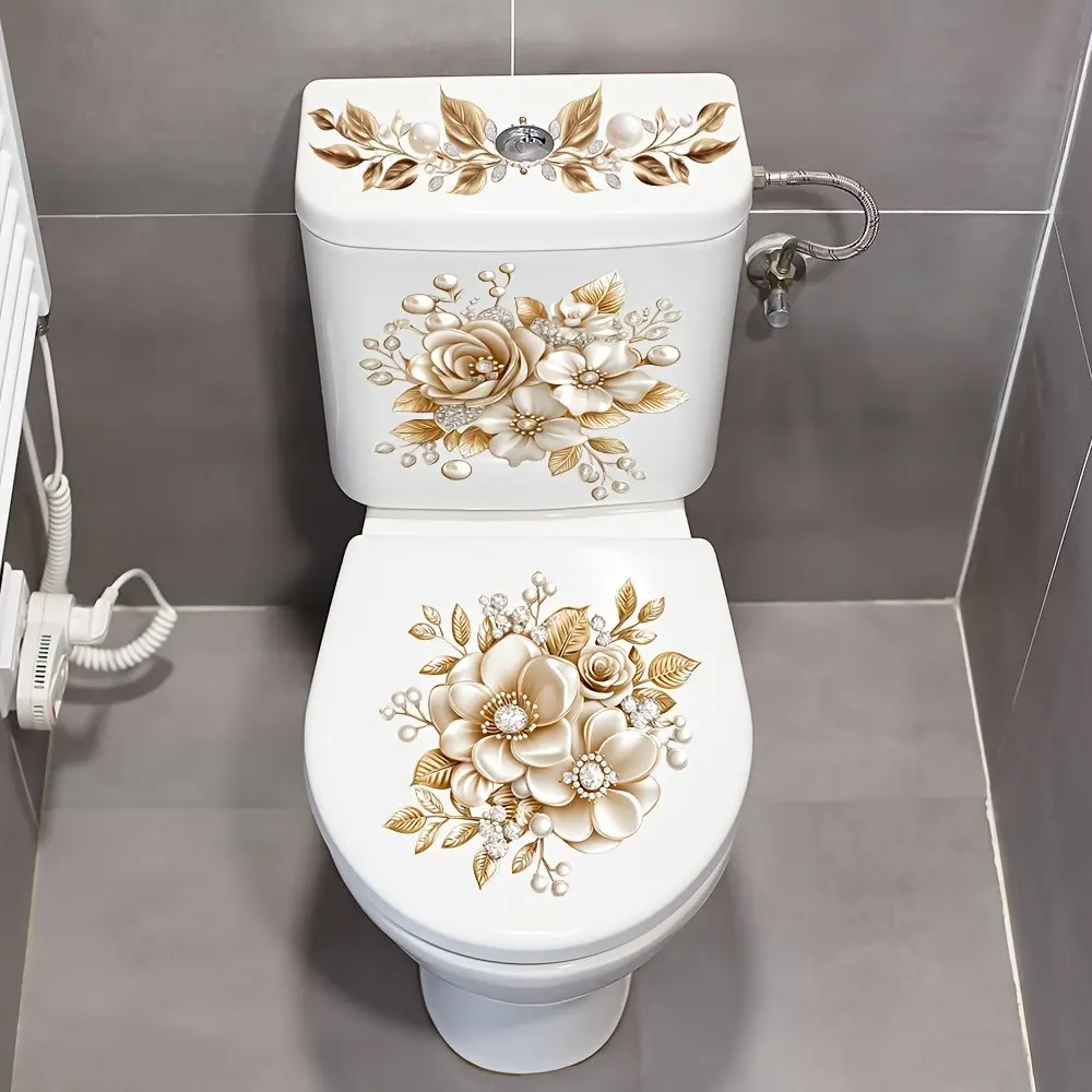 3-Piece Bathroom Toilet Sticker Set, PVC Self-Adhesive Decorative Decals, Matte Finish Irregular Floral Shape, Luxury Design Accessories, Bathroom Decoration Accessories, Bathroom Essentials