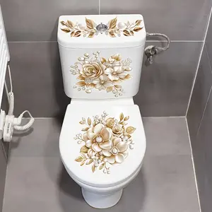 3-Piece Bathroom Toilet Tank Stickers Set, Floral PVC Self-Adhesive Decorative Decals, Matte Finish Irregular Shape Luxury Design, Bathroom Essentials Accessories