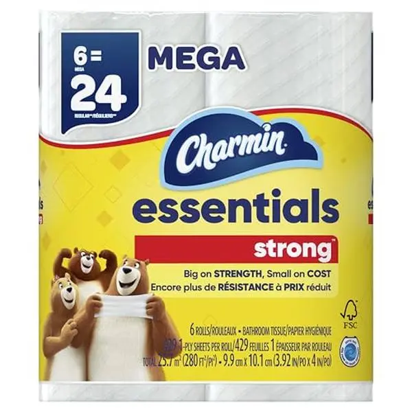 Charmin Essentials Strong Toilet Paper 6 Mega Rolls, 429 sheets per roll