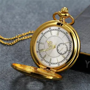 Antique Gold Tone Floral Patterned Quartz Pocket Watch Necklace Sweater Chain