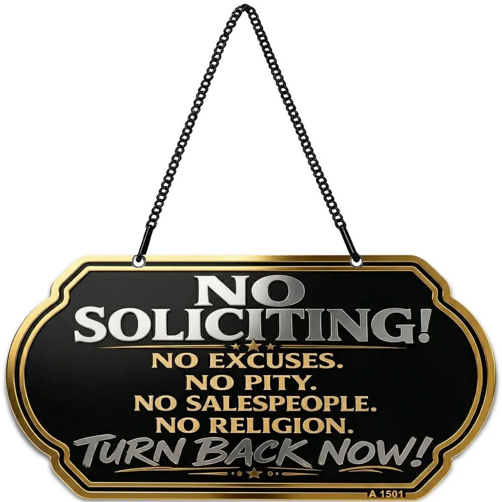 Absolutely No Soliciting Sign for House, 10x5" Heavy Duty 50 Mil Aluminum Metal No Soliciting Door Sign with Chain, Weatherproof UV Protected Office Business Sign, Black and Gold, 1-Pack
