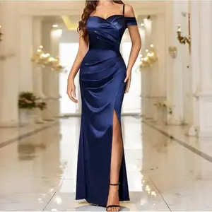 Women'sOffShoulderSleevelessSatinHighSplitWrapRuchedStyleFormalEveningPartyMaxiDressWomenswearSpaghettiStrapweddingguestgraduationbridesmaiddresses