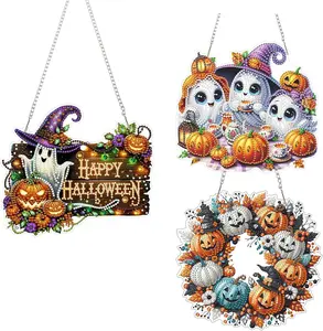 5D Crystal Diamond Painting Suncatcher Set, Cute Halloween Ghost & Pumpkin Hanging Ornaments for Holiday Home Decor