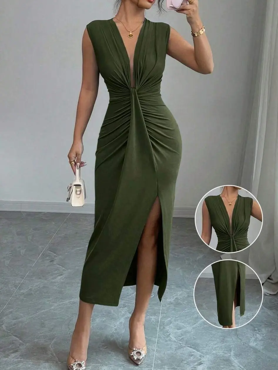 Sleeveless Deep V-Neck Ruffle Dress - Slit Hem Spring/Summer, Elegant Party Dress