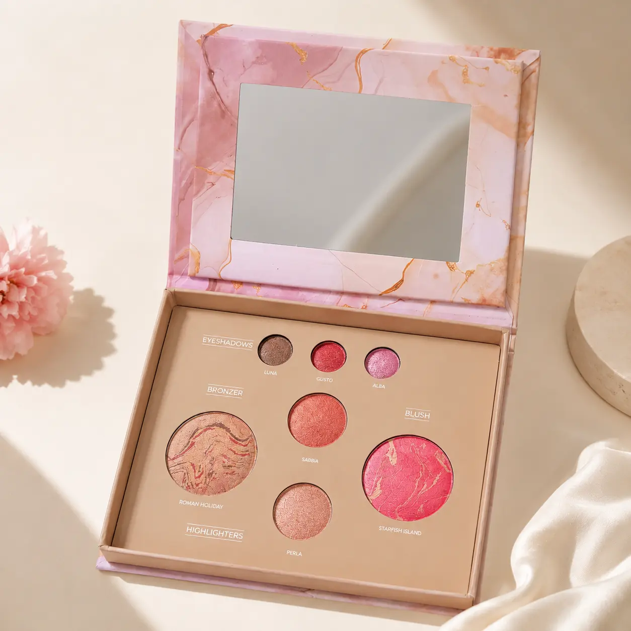 Julystar Compact Baked Face Palette - All-in-1 Eyeshadow, Blush, Bronzer, Highlighter, Silky Long-Lasting Formula, Handcrafted Baking Process, Pink Peach Shade, Portable Daily Use