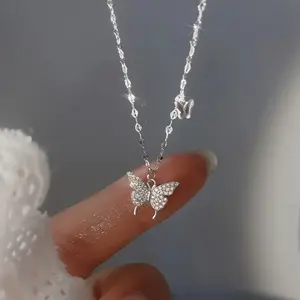 Easter Basket Stuffers for Teen Girls Women - Silver Plated Butterfly Pendant Necklace with Cubic Zirconia, Silvery Butterfly Shining Pendant for Women, Trendy Jewelry for Birthday Gift