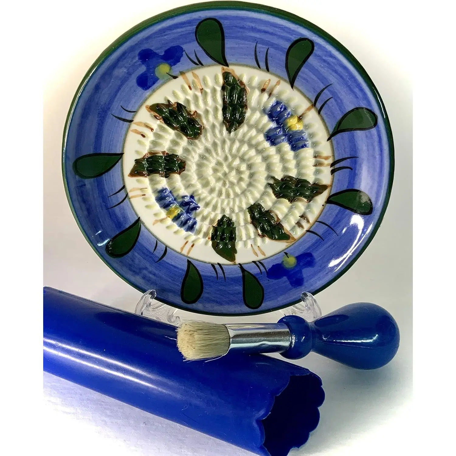 All-in-one Premium Ceramic Garlic Grater Plate 4-Piece Set - Blue Flower Design, Classic Style - For Garlic, Ginger, Chocolate, and more! - Comes with 5.25" Plate, Peeler, Brush, and Stand