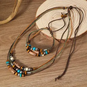 2pcs Vintage Boho Wooden Bead Layered Handwoven Pull-Out Bracelet Necklace Punk Style Multi-Layer Jewelry Set