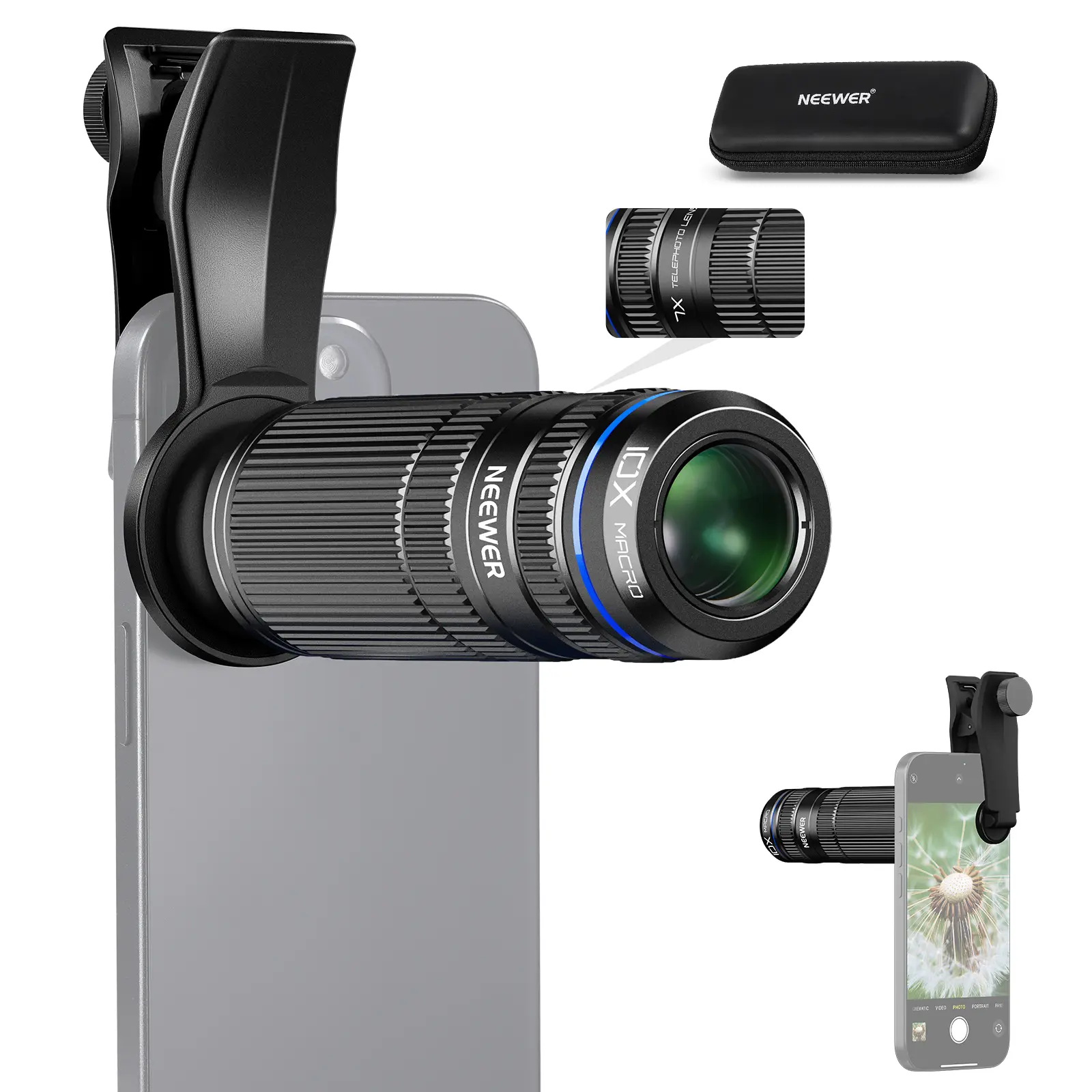 NEEWER LS-36 Ultra 7X Zoom Cell Phone Lens Kit - 10X Detachable Macro Attachment, 17mm Threaded Backplate, Smartphone Lens, Compatible with iPhone & Samsung, Includes Phone Cage & Case