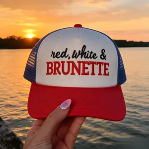 Red White & Brunette Patriotic Trucker Hat, Patriotic Mesh Snapback Baseball Cap for Women, 4th of July Summer Cute Hat for Country & Brunette Girls Vintage Americana Country Girl Mesh Cap