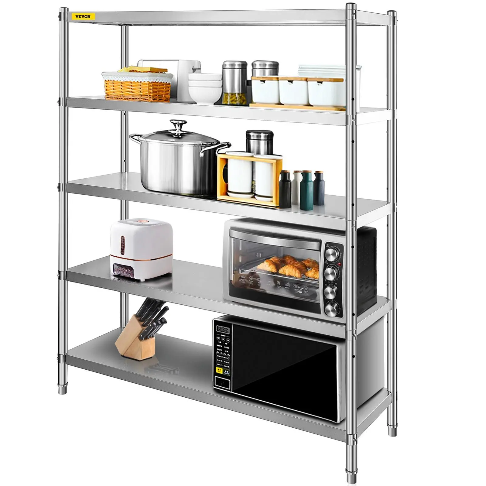 【Summerfinds】VEVOR Stainless Steel Shelving 60x18.5 Inch 5 Tier Adjustable Shelf Storage Unit Stainless Steel Heavy Duty Shelving for Kitchen Commercial Office Garage Storage 330lb Per Shelf