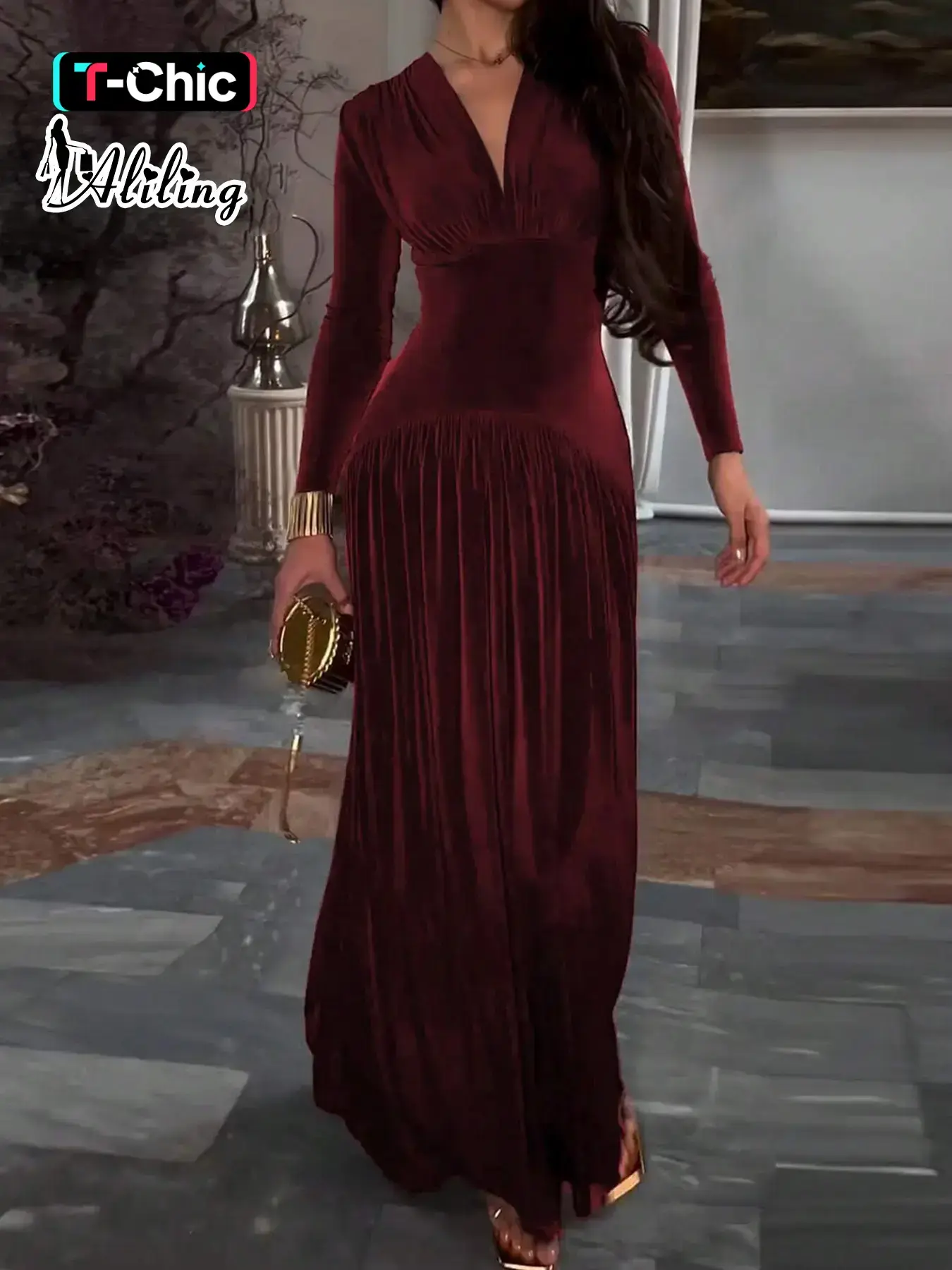 Aliling Women's Velvet Dress Soft Smooth V-Neck Long Sleeves Patchwork Swing Design, Elegant Chic Feminine Formal Wear Fall & Winter Plain Fitted Fashion, Comfortable Daily Wear Womenswear