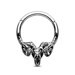 Oufer 16G 316L Stainless Steel Goat Head Hinged Segment Septum Ring Bold Design with Intricate Details and Curved Horns for Unique Body Jewelry