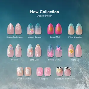 BTArtbox Press On Nails - Ocean Energy Short Press On Nails with Glue for Women, Square or Almond Opaque Soft Gel Glue On Nails in 16 Sizes - 32 Stick On Nails Kit