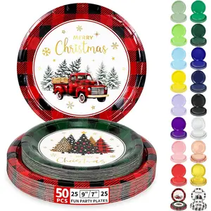 50 Christmas Paper Plates Disposable Set Includes 25-9" & 25-7" Xmas Buffalo Plaid Dessert Dinner Plates for Party Supplies
