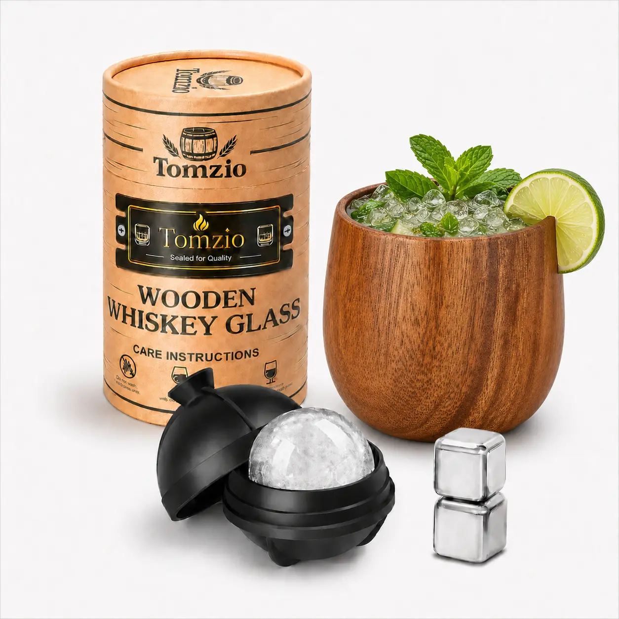 Tomzio REAL-Charred Acacia Wood Whiskey Glass Set - 11oz Insulated Bourbon Tumbler for Men, Handcrafted One-Piece Solid Wood Old Fashioned Glass for Scotch & Cocktails, Fits 2.5" Ice Sphere, Gift Box perfect present Wooden Utensils Drinkware