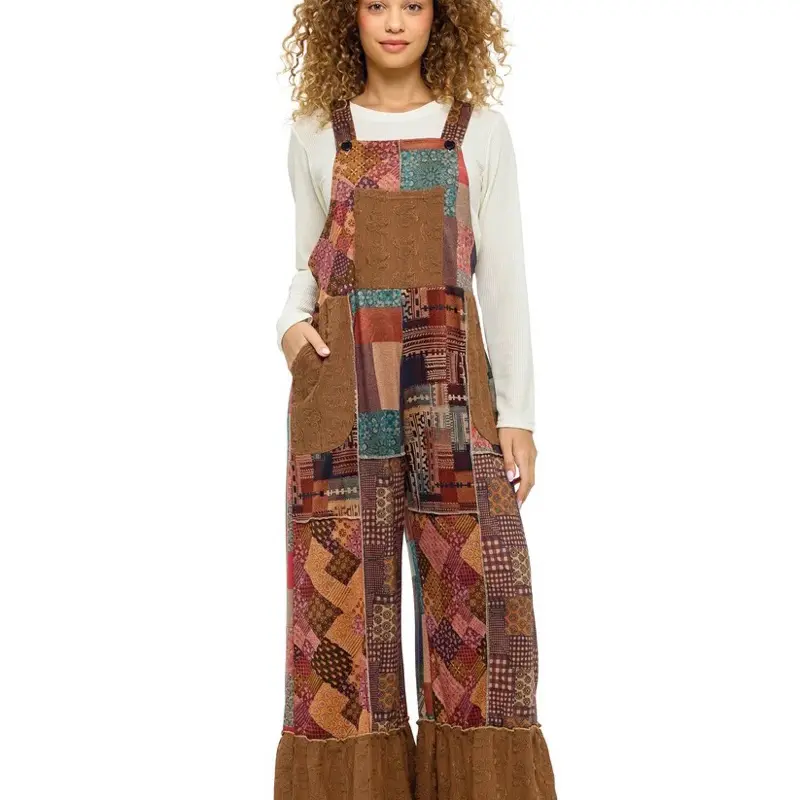 Yak N Yeti Hippie Patchwork Floral Overalls - Brown & Blue, Lightweight, Adjustable Straps, Front Pockets, Festival Ready, Made in Nepal