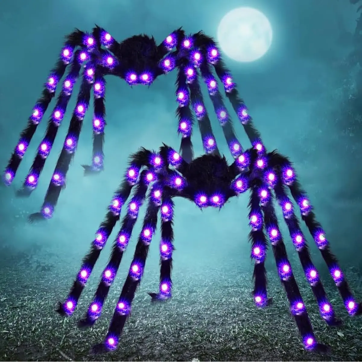 2 Pack 5 Ft Halloween Light Up Spiders Outdoor Decorations, Scary Giant Spider with Purple LED, Fake Large Haunted House Props, for Halloween Lawn Porch Yard Garden Tree Outside Indoor Decor