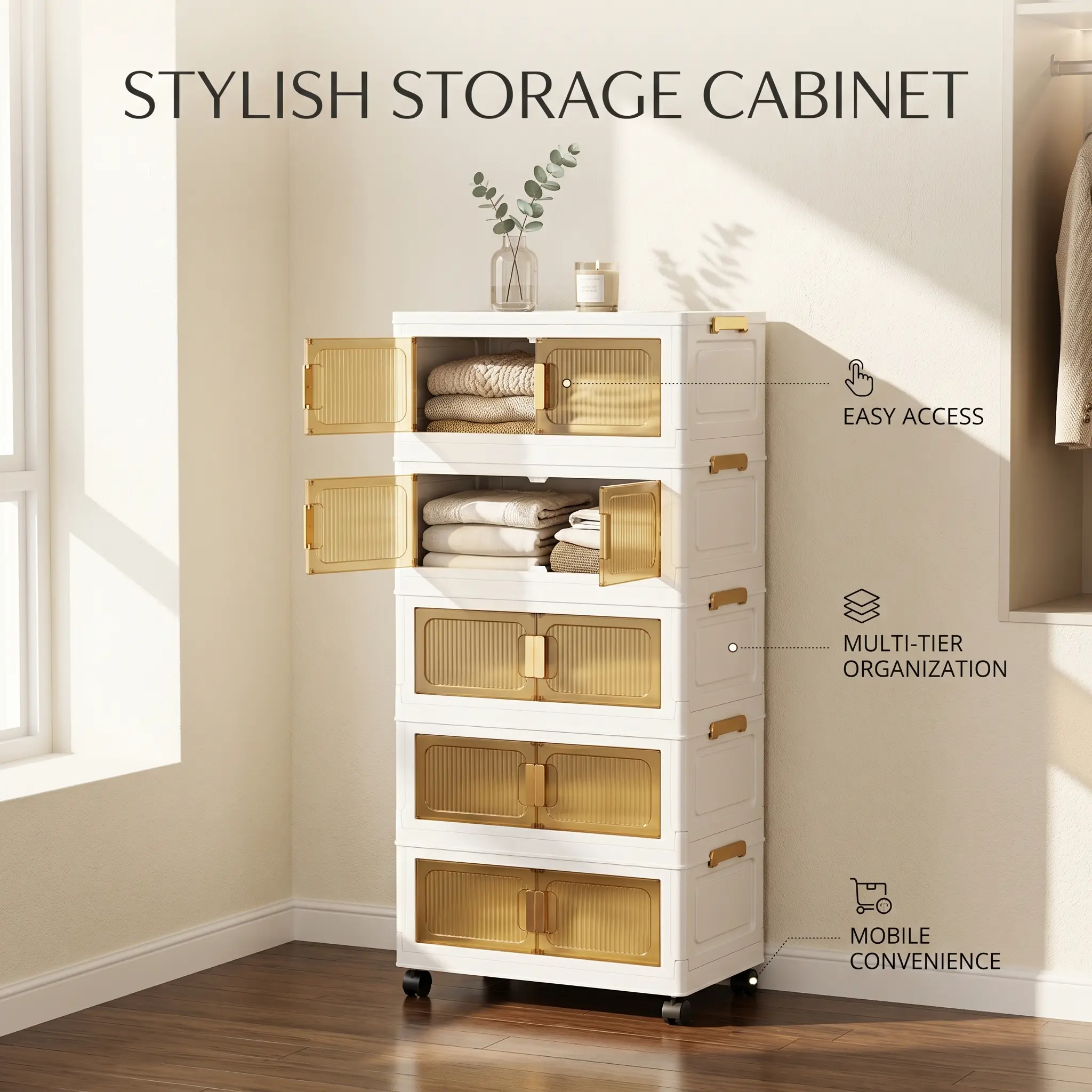 *5-Tier Foldable   with Wheels| Space-Saving, Dust-Proof  for Bedroom & Living Room foldable   rolling   with wheels 5 tier   5-tier multifunctional shoe 3-tier corner bathroom counter  home kitchen laundry room bathroom shelf modern