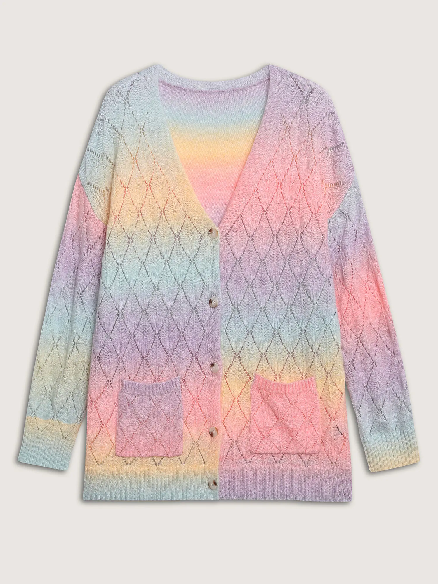 BloomChic Women's Plus Size Ombre Cardigan, Casual V-Neck Knitwear with Pockets, Eyelet Trim and Long Sleeves, Cardigans, Nylon, Low Iron, Affordable Fashion, Full Sleeves, Multicolor, Tops