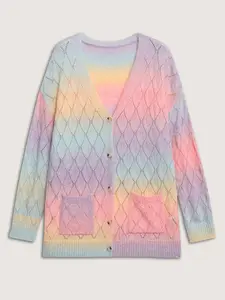 BloomChic Lady's Knitting V-Neck Ombre Gradient Print Eyelet Trim Cardigan - Long Sleeve Fitted Women's Clothes with Pocket, Fashion Casual Top Swimweek