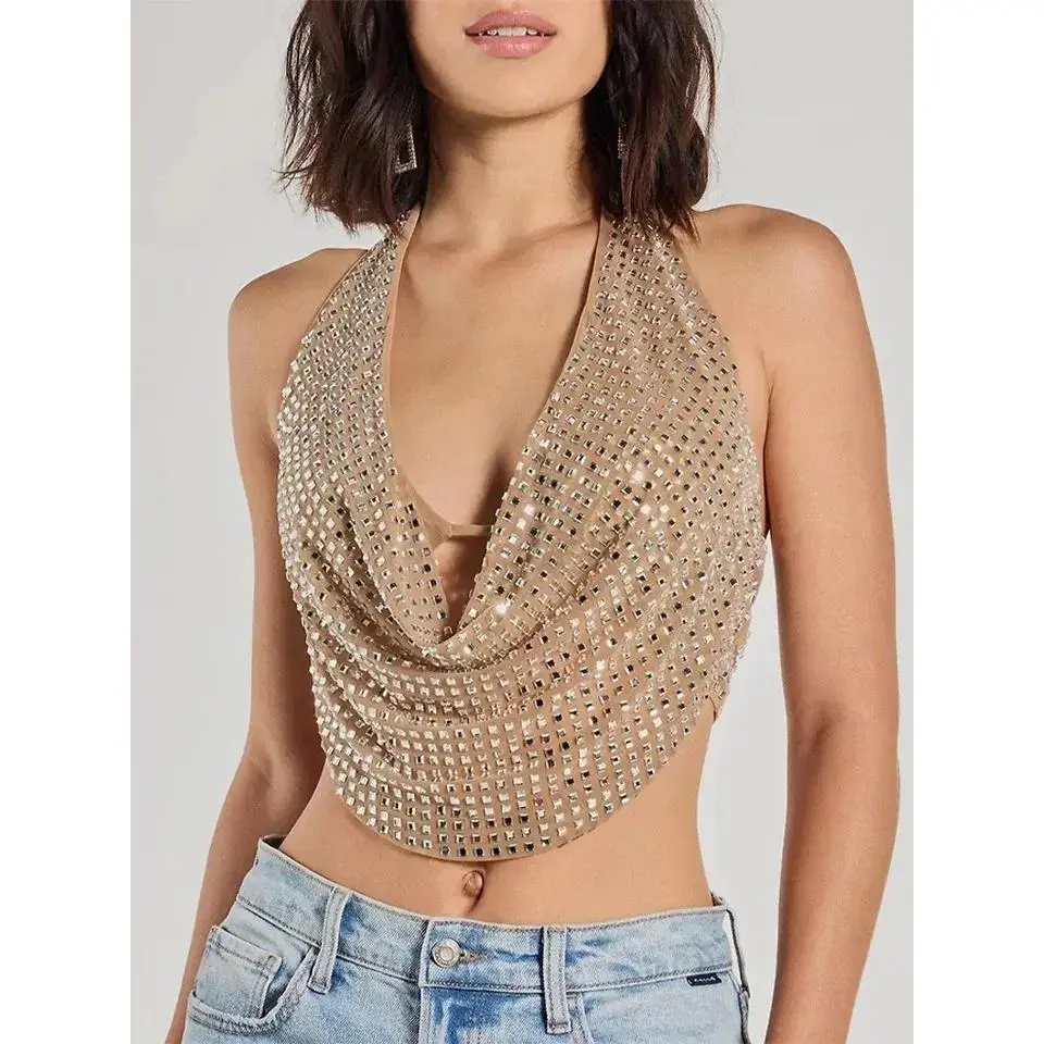 Summer Nude Rhinestone Mesh Halter Cowl Neck Backless Cropped Party Club Nightout Daily Sexy Slim Glitter Y2K Trendy Women's Top