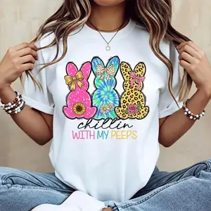 Casual Cotton Round Neck Short Sleeve T Shirt with Easter Bunny Design and Chill With My Peeps Graphic Perfect for Summer Family Easter Photos and Events