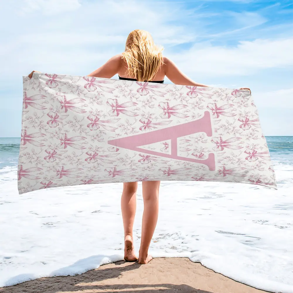 Custom Monogram Pink Bow Floral Beach Lounge Chair Towel Cover, Quick Dry Sandproof Pool Chair Towel, Soft Breathable Durable Water Absorbent, Perfect for Outdoor Sunbathing, Patio, Garden, Swimming Pool & Backyard, Chic Pastel Style, Quick Drying Towels