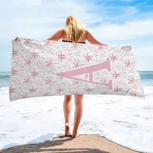 Custom Monogram Pink Bow Floral Beach Lounge Chair Towel Cover, Quick Dry Sandproof Pool Chair Towel, Soft Breathable Durable, Perfect for Outdoor Sunbathing, Patio, Garden, Swimming Pool & Backyard, Chic Pastel Style, Quick Drying Towels
