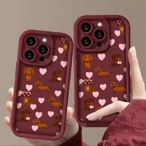 Sweet and cute dachshund and heart pattern, anti-drop and anti-slip TPU full-coverage lens phone case, suitable for iPhone 17, 16, 15, 14, 13, 12, 11, XS, X, Samsung and other series models. Can be given as a gift to friends or family.