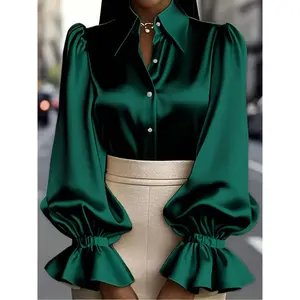 Elegant women’s plus-size satin chiffon bubble lantern long-sleeve blouse shirt, stand collar single-button fashion top for fall and winter