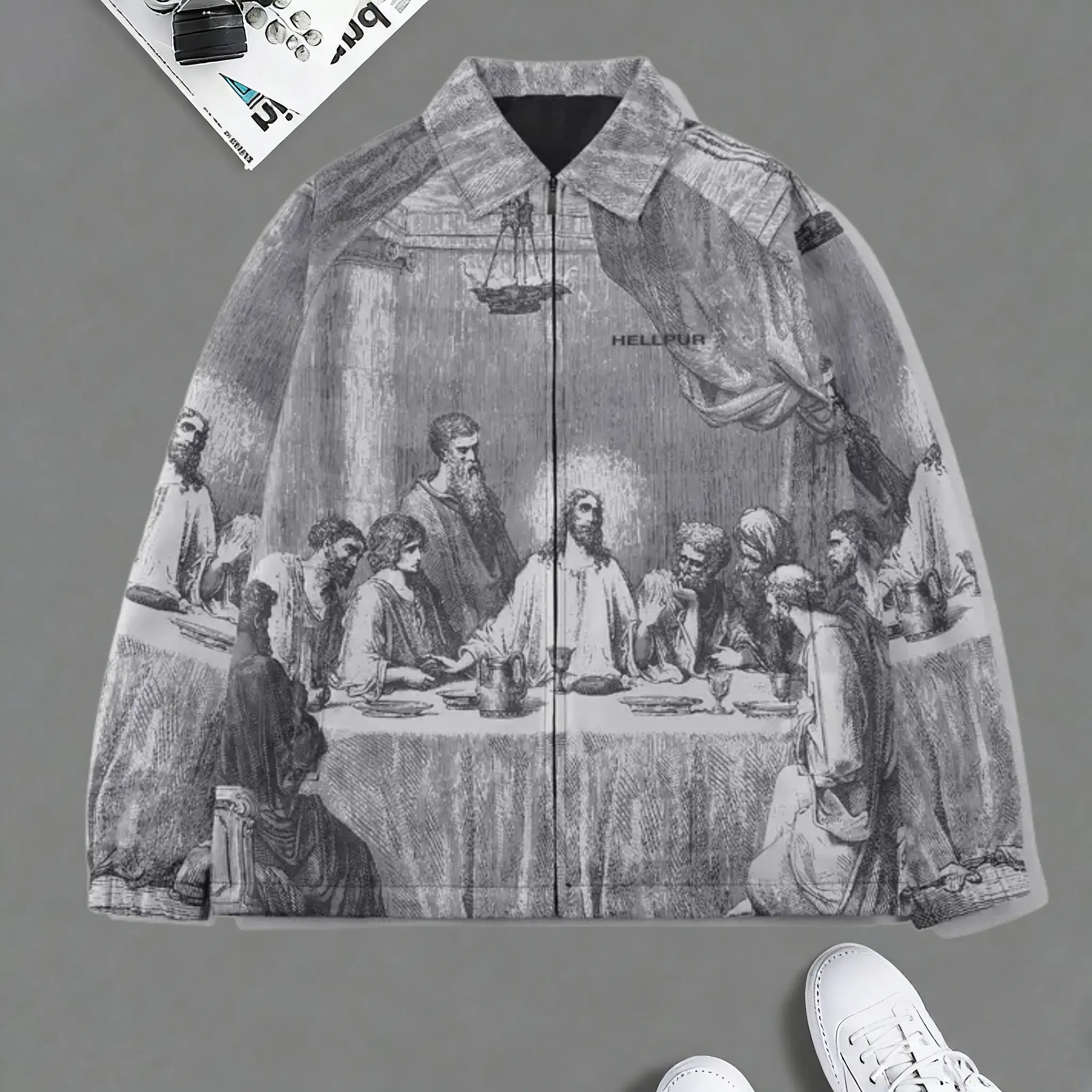 Men's Vintage All-Over Print Collar Long-Sleeve Outerwear Jacket - Male Clothing, Vintage Clothing, Artistic Casual Tops, Black and White, Versatile Daily Wear, Father's Day Gifts